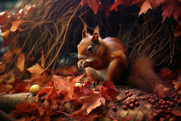 Squirrel burying nuts in autumn leaves created with generative ai