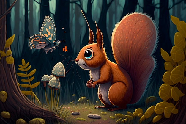 A squirrel and a butterfly in a forest