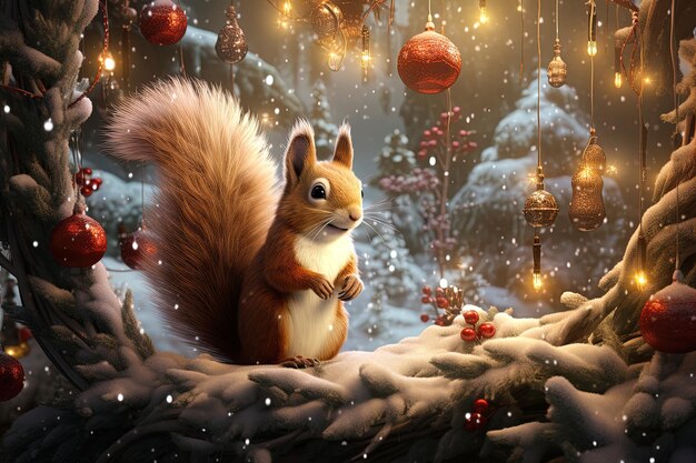 Photo squirrel in the christmas forest