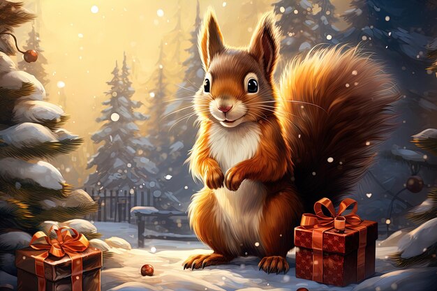 Photo squirrel in the christmas forest