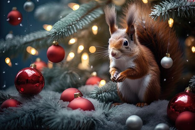 Photo squirrel in the christmas forest