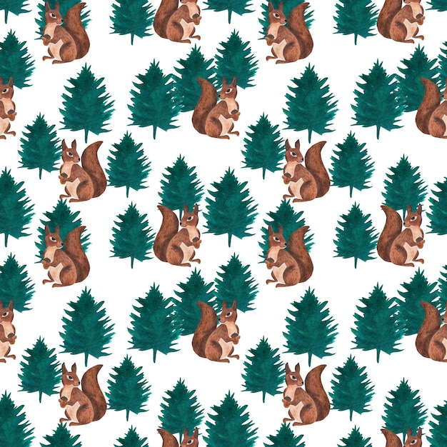 squirrel and christmas trees seamless pattern watercolor illustration in cartoon style