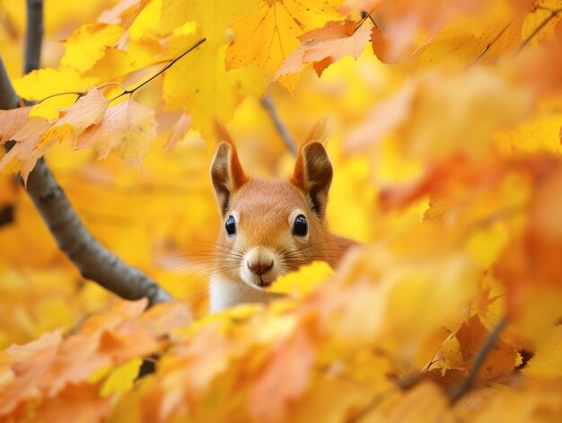 Squirrel concealed in the canopy of maple tree