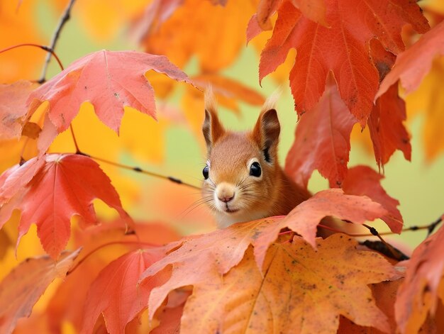 Squirrel concealed in the canopy of maple tree