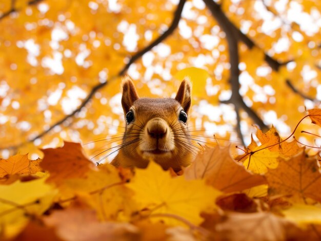 写真 メープルツリーの冠に隠れたリス