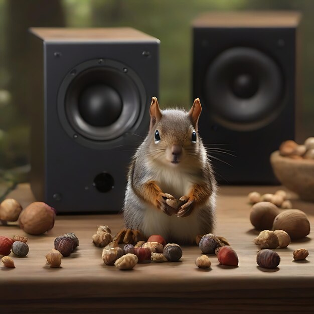 Photo squirrel counting nuts in front of a subwoofer ai