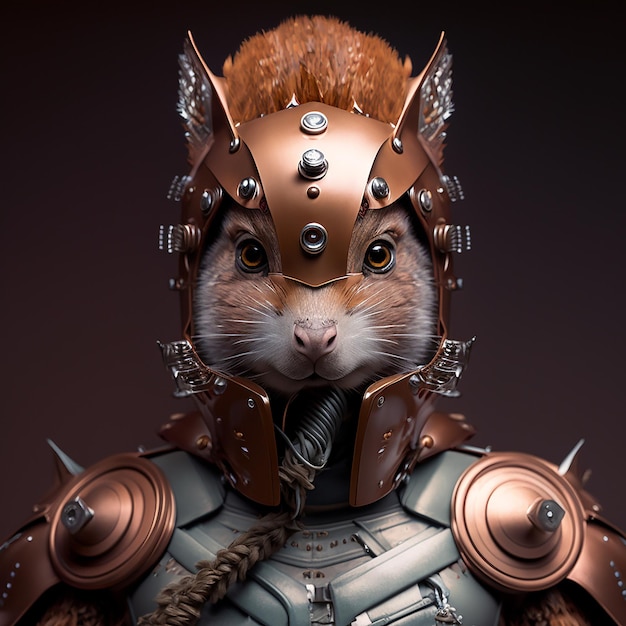 squirrel in cyberpunk futuristic robotic metal ancient rustic armour outfits