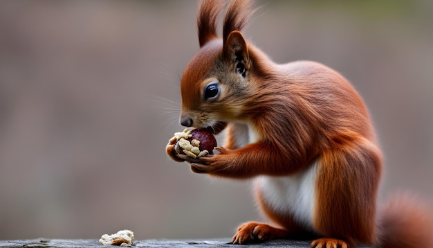 Foto uno scoiattolo che mangia cibo da un tronco d'albero