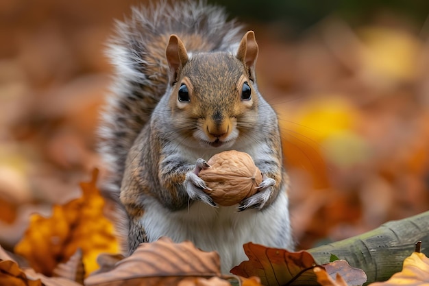 Squirrel Eating Nut in Leaves Generative AI