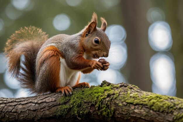 Squirrel eating nut with bushy tail raised