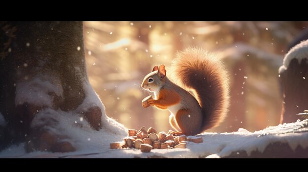 A squirrel eating peanuts in the snow