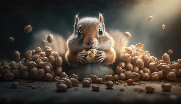 A squirrel eating peanuts with a black background