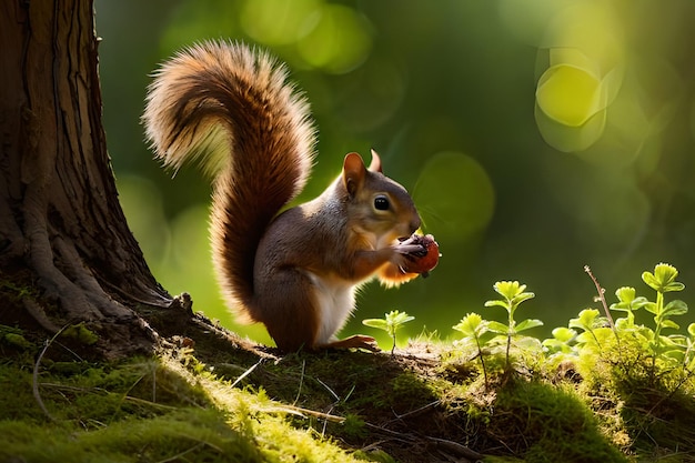 A squirrel eats a berry in a tree