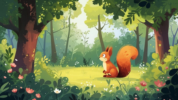 squirrel in fairy forest illustration