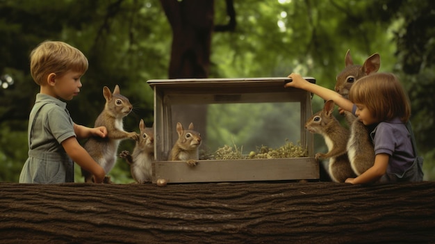 Foto una famiglia di scoiattoli viene mostrata in una foresta con una scatola di scoiattoli