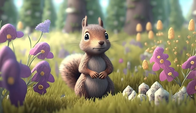 A squirrel in a field of mushrooms