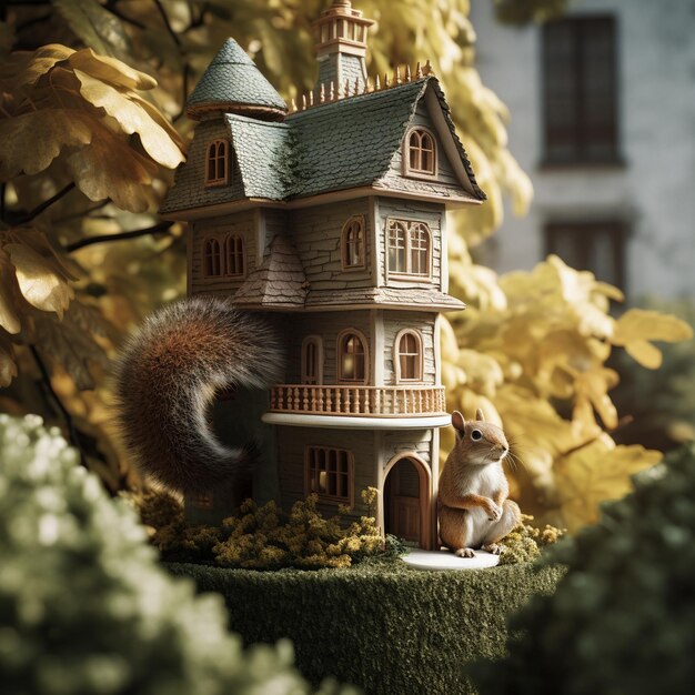 Photo a squirrel figurine sits on a tree with a fence around it.