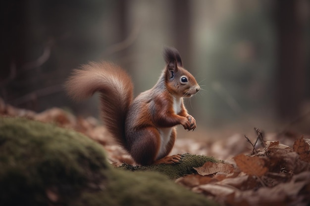 A squirrel in a forest with leaves on the ground