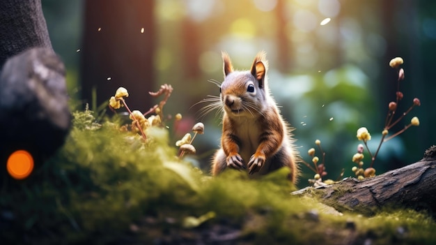 a squirrel in a forest with a tree trunk and a blurred background.