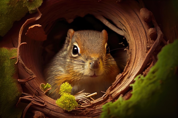 Squirrel gathering nuts and hiding them in its nest