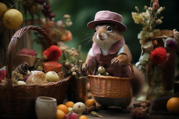 Squirrel in a hat and dress collecting nuts in a basket Anthropomorphic animals Generative AI