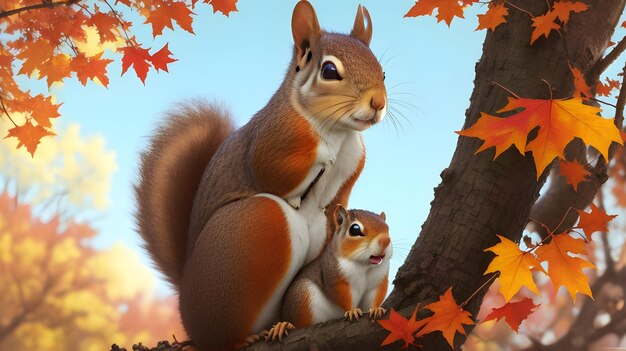 Foto squirrel haven autumn bliss nel mondo fotorealistico di heather theurer scoiattolo seduto su un albero