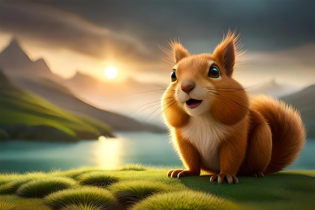 A squirrel on a hill with a sunset in the background