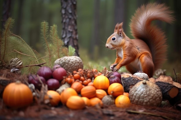 Squirrel inspecting various nuts on forest floor created with generative ai