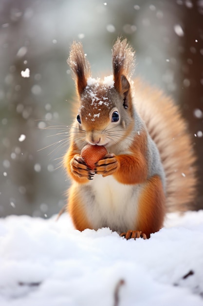 Foto uno scoiattolo mangia una nocciola nella neve