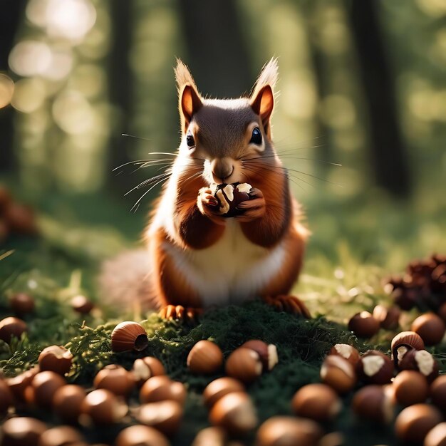 Foto uno scoiattolo sta mangiando noci da un mucchio di noci