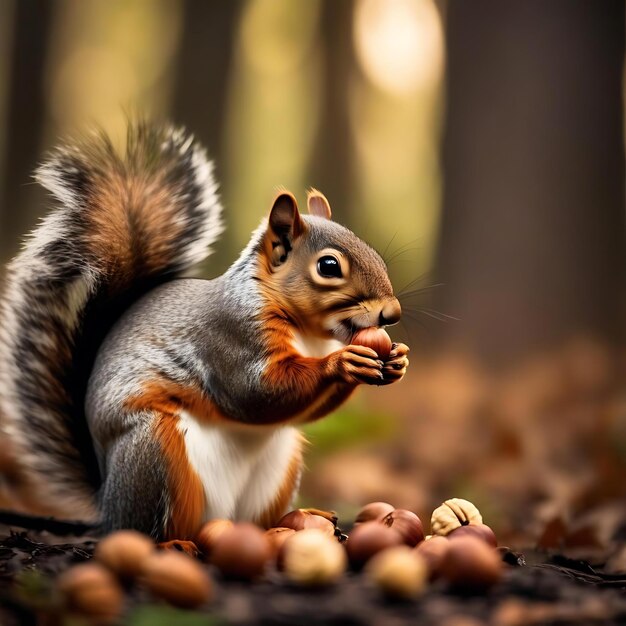 Foto uno scoiattolo sta mangiando noci da un mucchio di noci