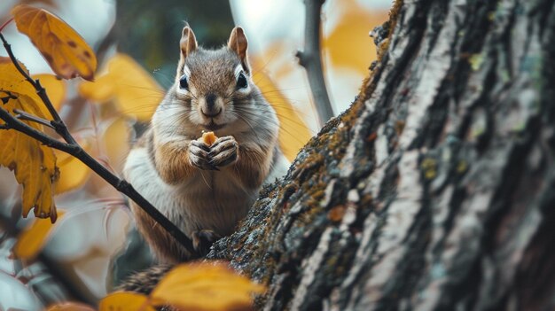 a squirrel is eating a piece of fruit from a tree