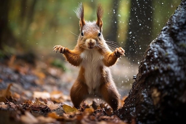 A squirrel is holding a nut in its mouth and has his hands in the air.