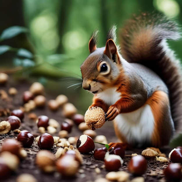 a squirrel is holding a walnut and a nut with a red tail