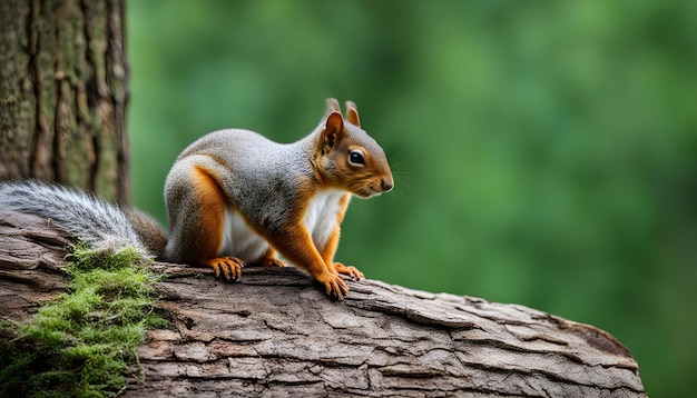 a squirrel is sitting on a log with a blurry background