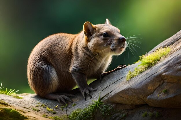 A squirrel is sitting on a log with grass on it.