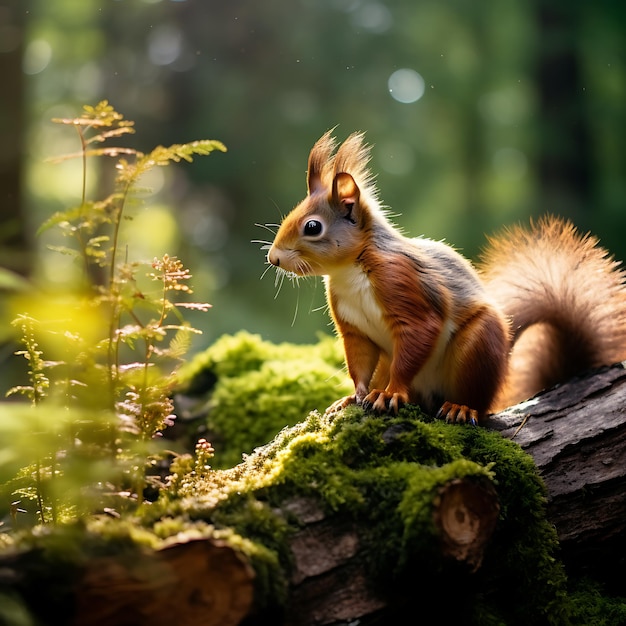 A squirrel is sitting on a log