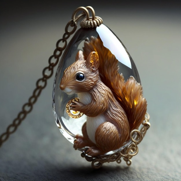 A squirrel is sitting on a necklace that has a gold chain.