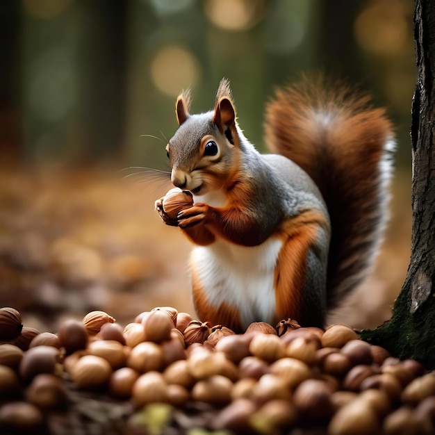 a squirrel is sitting in a pile of nuts