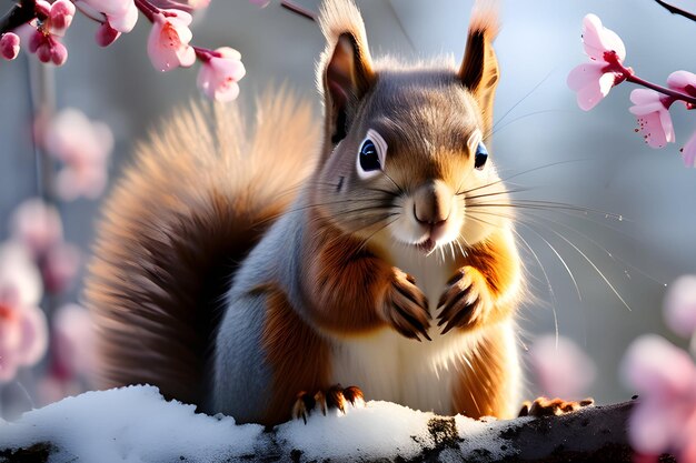 Photo a squirrel is sitting in the snow with a cherry blossom tree in the background