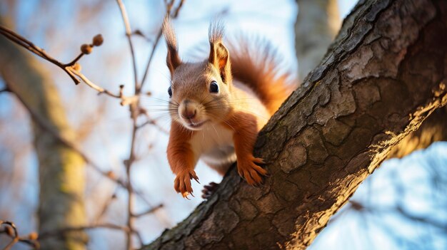 A squirrel is sitting on a tree branch and looking at the camera.