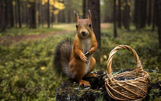 a squirrel is sitting on a tree stump and is looking at a basket of nuts