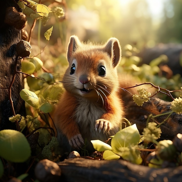 A squirrel is sitting in the woods and looking at the camera.