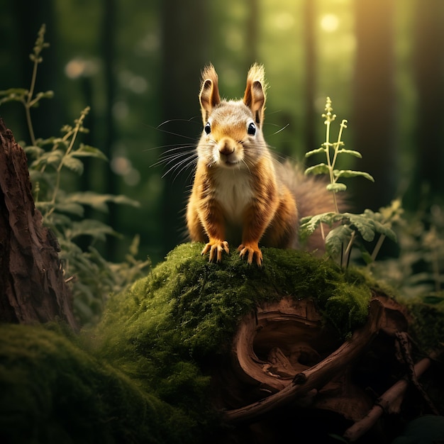 A squirrel is standing on a log in the woods