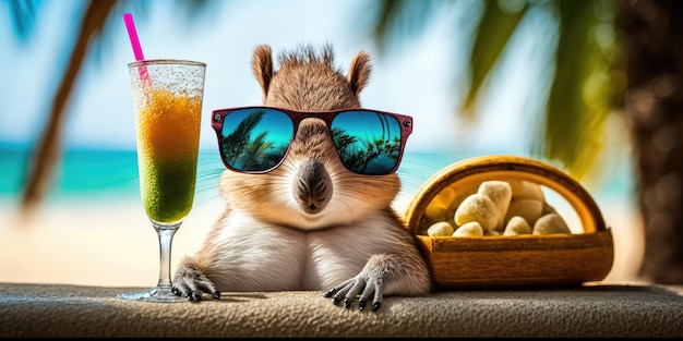 Squirrel is on summer vacation at seaside resort and relaxing on summer beach