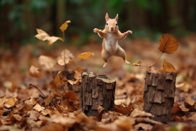 Squirrel jumping over neat piles of leaves