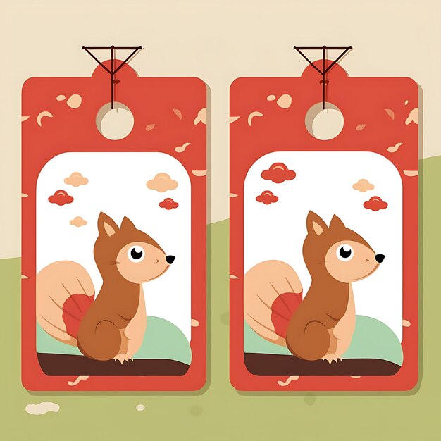 Squirrel kit tag card recycled cardboard minimalist red and 2d vector design collection card flat