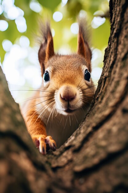 a squirrel looking up into a tree with its eyes open.