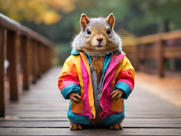 Photo squirrel man dressed in a retro bright multipiece jacket on a wooden bridge