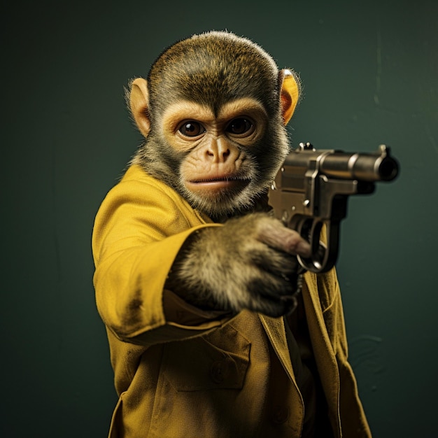 Squirrel monkey aiming a pistol dressed holding a gun